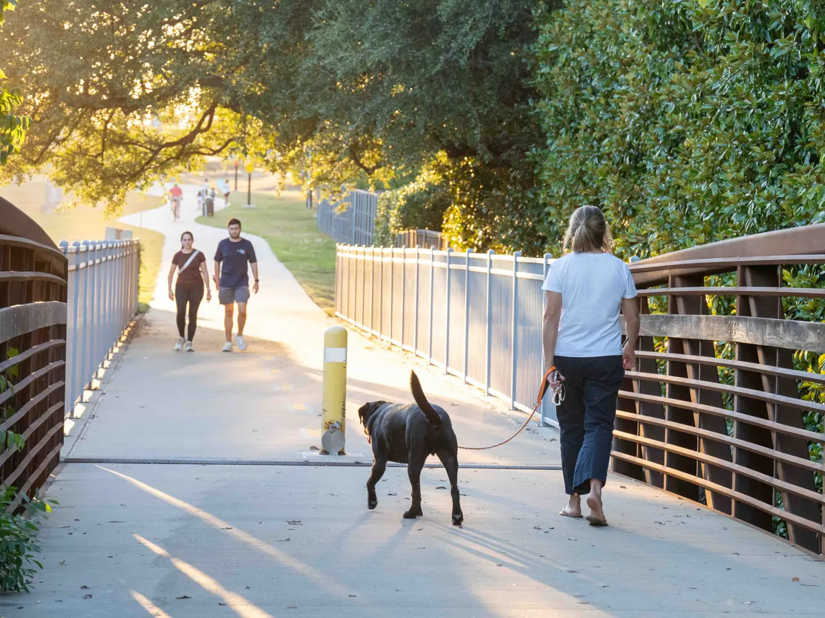 People walking a dog across a trail bridge in warm evening light