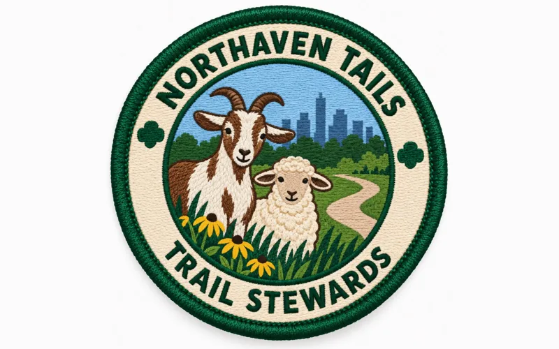 Embroidered Northaven TAILS Trail Stewards badge showing a goat and a sheep beside the trail with the Dallas skyline behind them